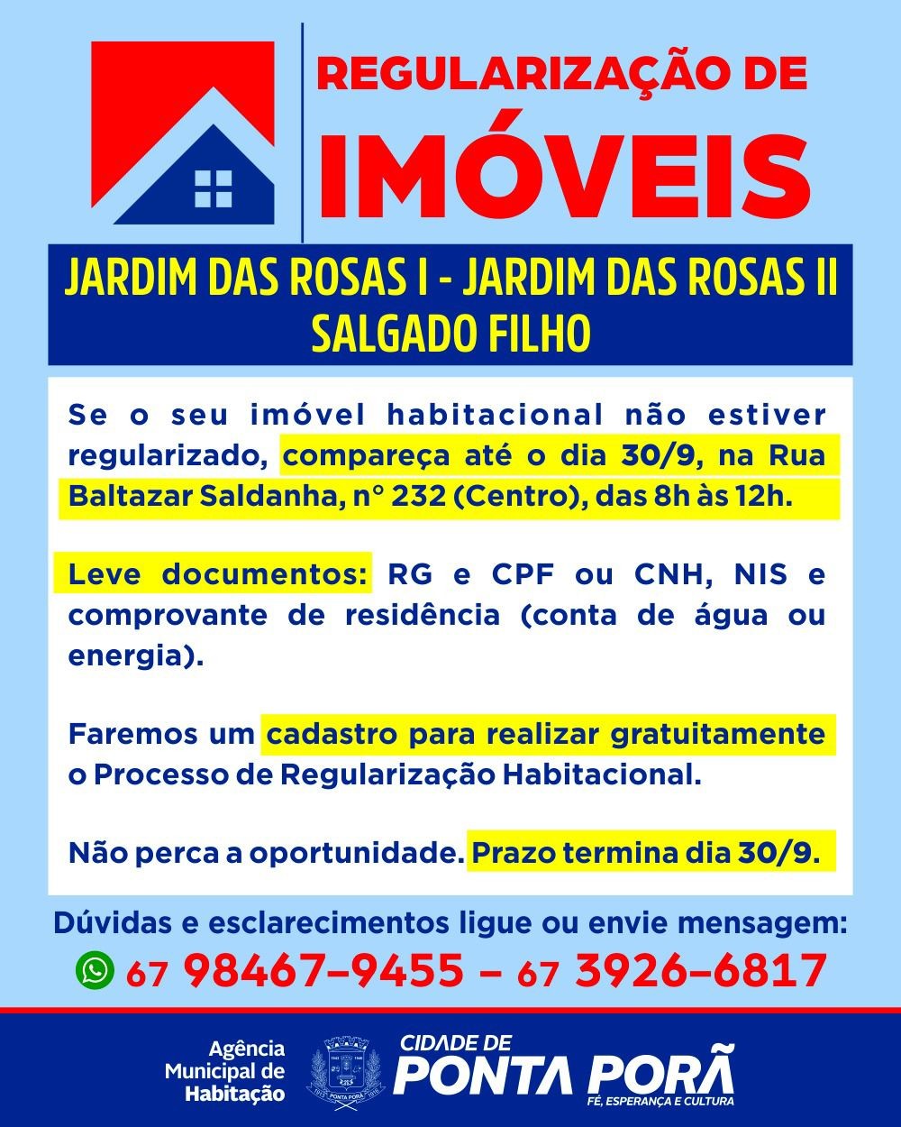 Moradores do Jardim das Rosas I, II e Salgado Filho têm até 6ª para pedir regularização de imóveis
