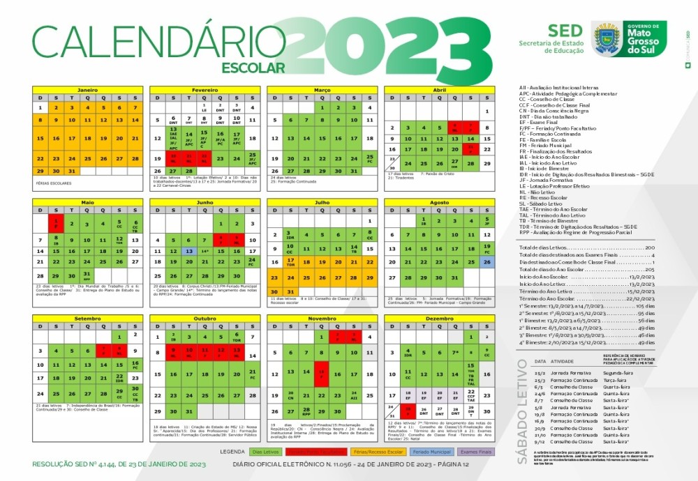 Calendário escolar de 2023 é divulgado com 205 dias letivos, incluindo 11 sábados