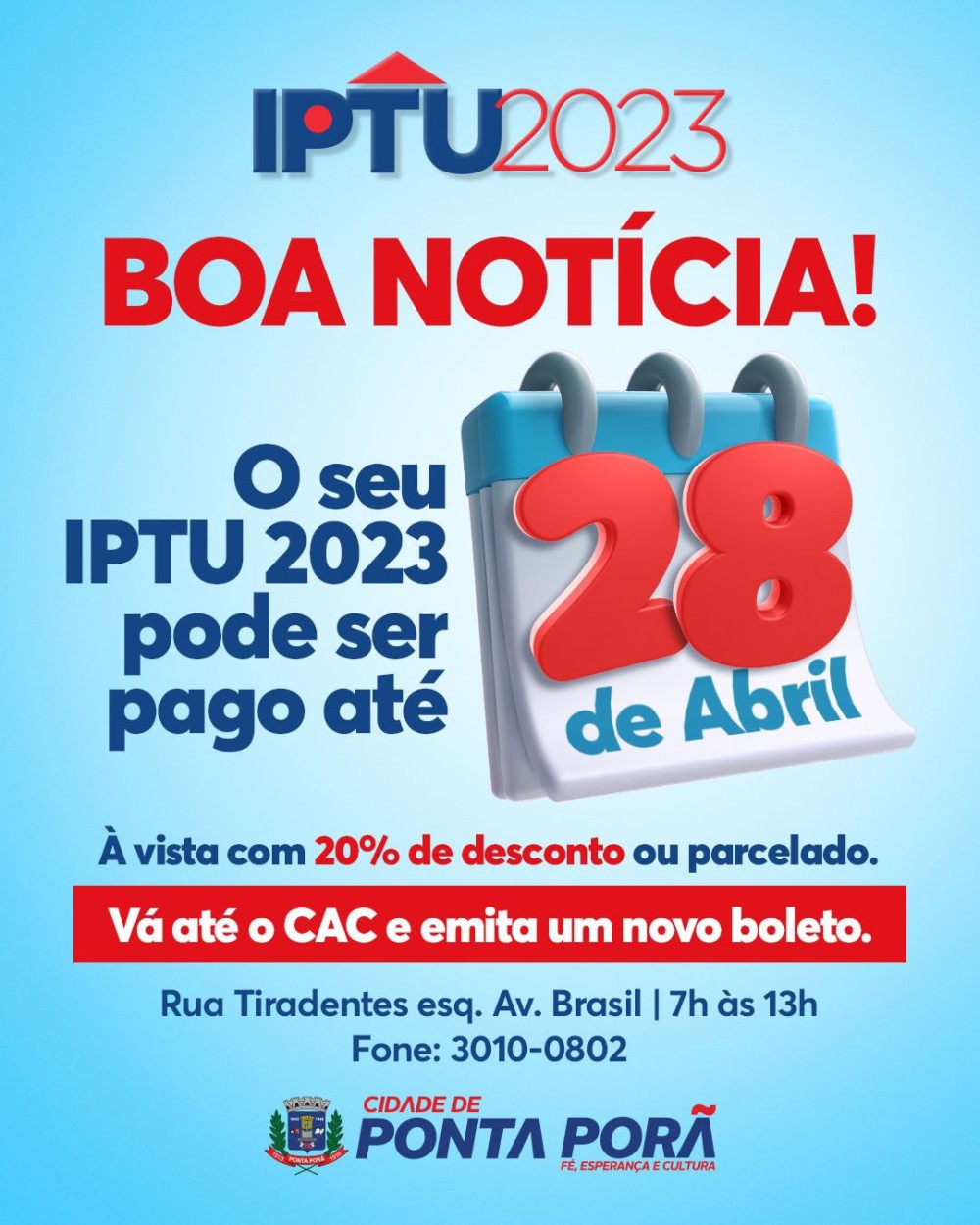 Prefeitura prorroga vencimento do IPTU 2023 com desconto
