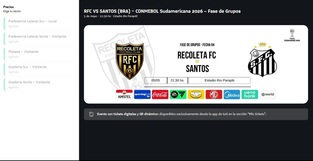 Todos os ingressos para Recoleta em Santos em Pedro Juan foram vendidos